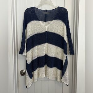 Alembika Navy & White Striped Open Knit V-Neck Sweater Size XL
